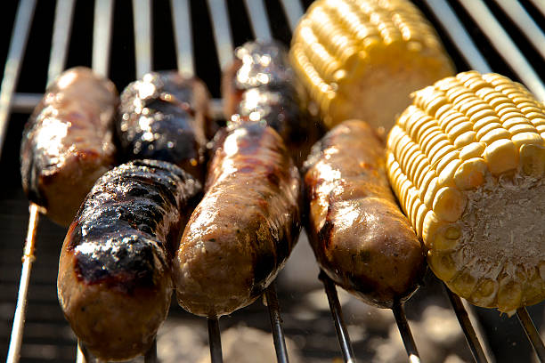 Simple English barbecue with sausages and sweetcorn