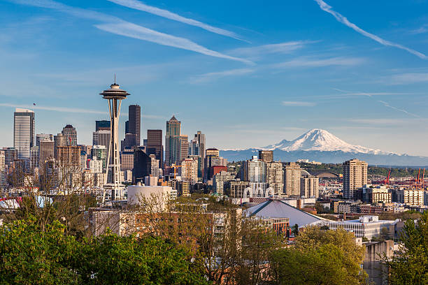 Seattle downtown skyline and Mt. Rainier, Washington stock photo