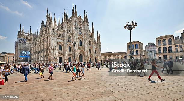 Tourists At The Duomo Cathedral From Milan Italy Stock Photo - Download Image Now - Piazza Del Duomo - Milan, 2015, Architecture