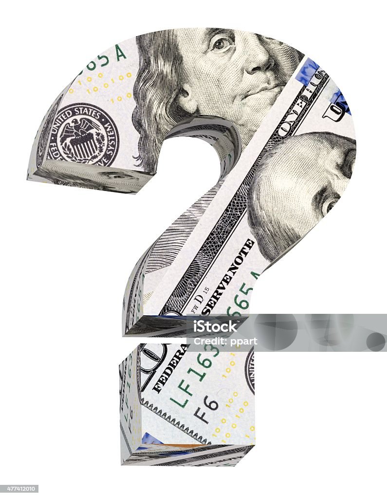 Question mark from dollar bill alphabet set isolated over white. Computer generated 3D photo rendering. Question Mark Stock Photo