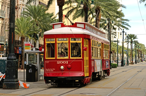 The famous red Canal Streetcar Line in downtown New Orleans, Louisiana.