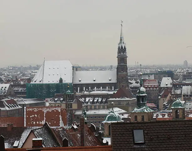 sight of nuremberg with Sebaldus Kirche and Kaiserburg in background with snow covered roofs