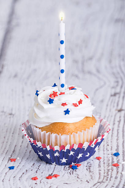 istock Patriotic 4th of July cupcake with a candle 477413998