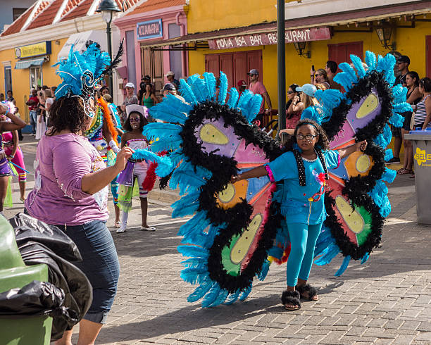 Garota na fantasia de borboletas participa desfile de carnaval - foto de acervo