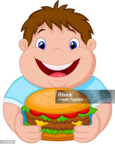 Vetores de Fat Boy Cartoon Sorrindo E Pronto Para Comer Um Hambúrguer e mais imagens de Gordo