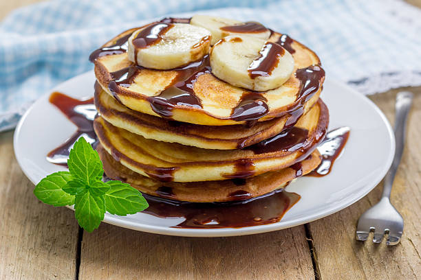 istock Stack of pancakes with banana and chocolate syrup 477418814