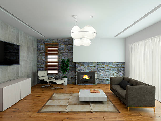 Living room 3D rendering stock photo