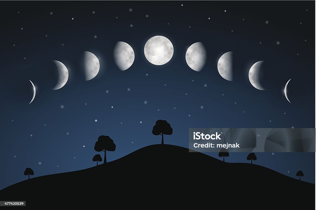 Le fasi di luna sopra illustrazione notte paesaggio - arte vettoriale royalty-free di Luna