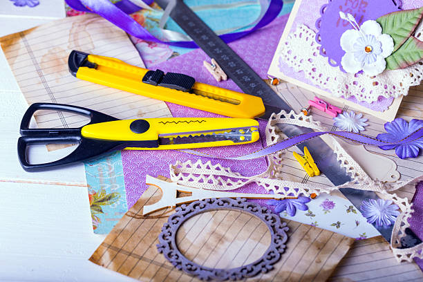 sammelalbum - scrapbooking office supply art and craft equipment scissors stock-fotos und bilder