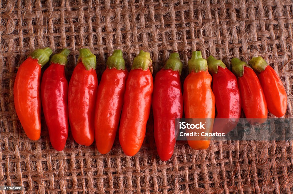 Hot Chilli Peppers in Line Line of red piri piri chilli peppers on a hessian background. 2015 Stock Photo