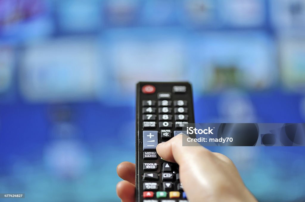 Hand pointing tv remote control Hand pointing tv remote control and tv set Arts Culture and Entertainment Stock Photo