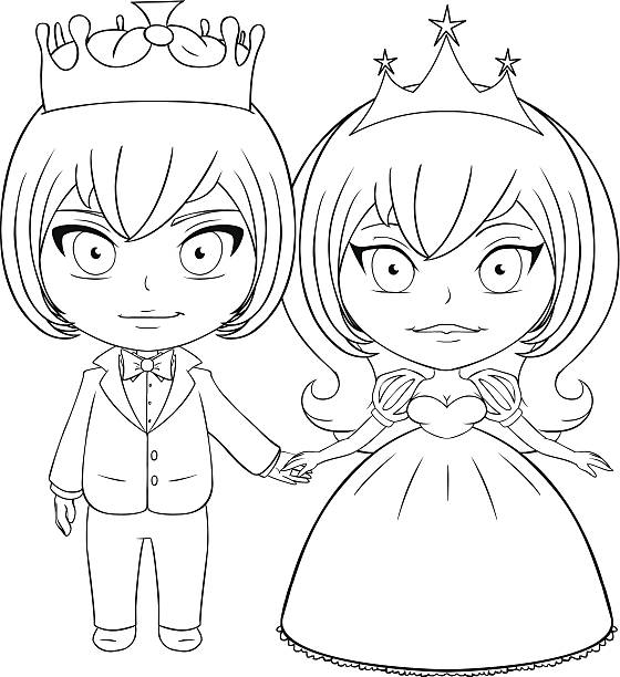 Prince and Princess Coloring Page 2 Vector illustration coloring page of a prince and princess holding hands and smiling.. black and white anime girl stock illustrations