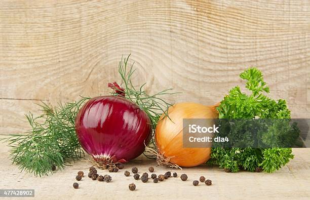 Onion Red Onion Dill Parsley Pepper On Wooden Plank Stock Photo - Download Image Now