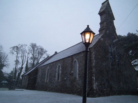 Snow on an old Church of Ireland in Rossinver, Leitrim Ireland, near Garrison in Co. Fermanagh and just a few miles from Manorhamilton. The old Church is now a community centre.