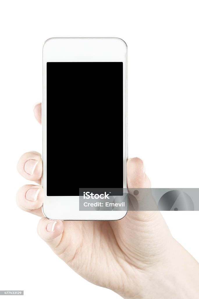 Mobile phone in hand Hand holding smartphone with blank screen isolated Adult Stock Photo