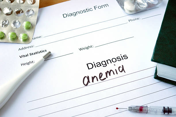 istock Diagnostic form with Diagnosis anemia and pills. 477434306