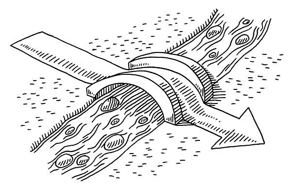 Vector illustration of Arrow Over Bridge Crossing River Drawing