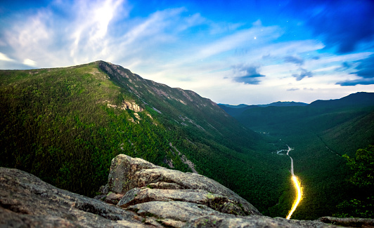 Wonderful view of Crawford Notch in New Hampshire White Mountains National Park at twilight  from Mt Willard cliff into Mt Webster down the valley.