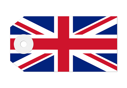 Union Jack label or luggage tag on white with a soft shadow. Flag of United Kingdom.