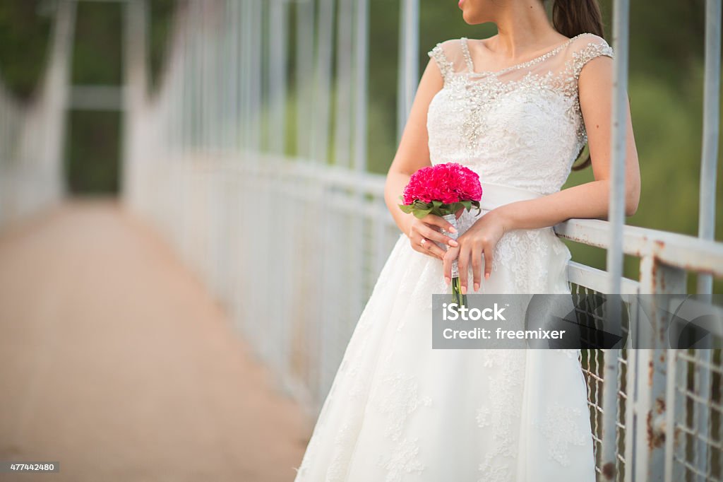 Lovely bride Bride standing and posing on bridge 2015 Stock Photo