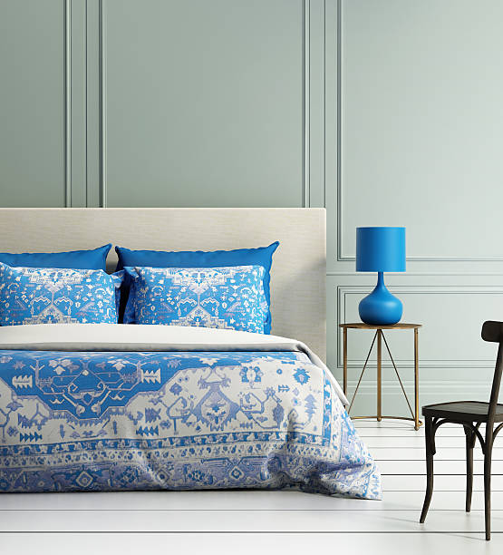 istock Contemporary elegant luxury atmospheric bedroom with teal wall 477442657