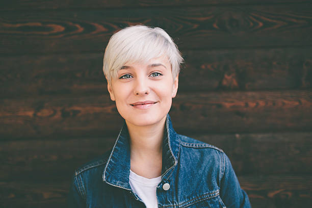 cute girl smiling happy real blond young woman gray hair young woman stock pictures, royalty-free photos & images