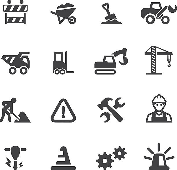 illustrazioni stock, clip art, cartoni animati e icone di tendenza di in costruzione sagoma icone - earth mover bulldozer construction scoop