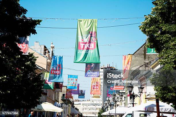 Flags Of Exit Festival 2015 In City Of Novi Sad Stock Photo - Download Image Now - 2015, Advertisement, Editorial