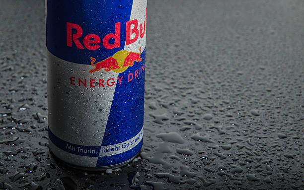 Blue-silver Red Bull can stock photo