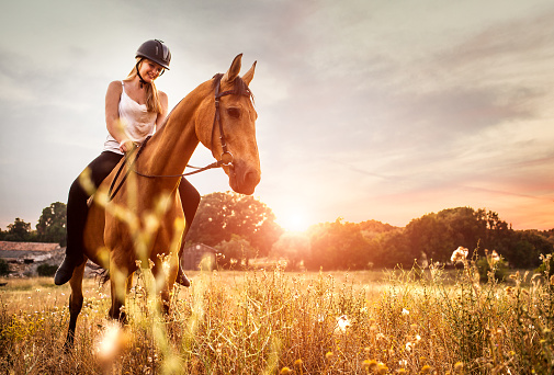 Mujer joven montando a caballo en la naturaleza photo