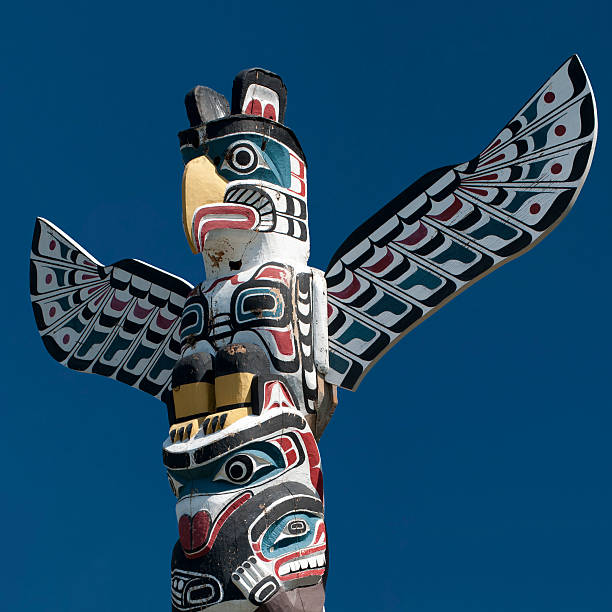 istock Totem wood pole in the blue cloudy background 477455595