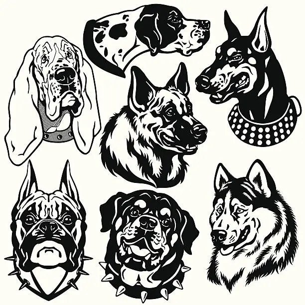 Vector illustration of black white set with dogs heads
