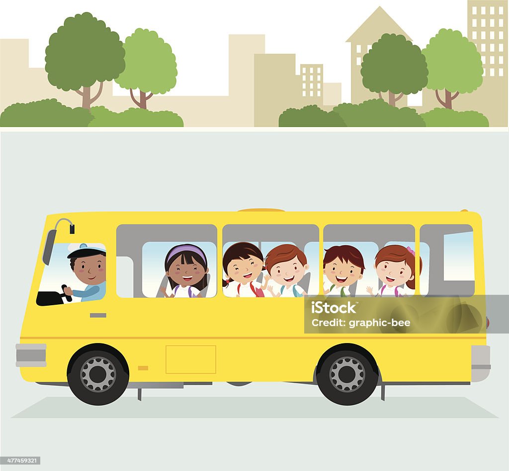 School bus Vector illustration of a school driver and happy school kids on the road. Bus stock vector