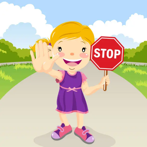 Vector illustration of Girl Holding Stop Sign