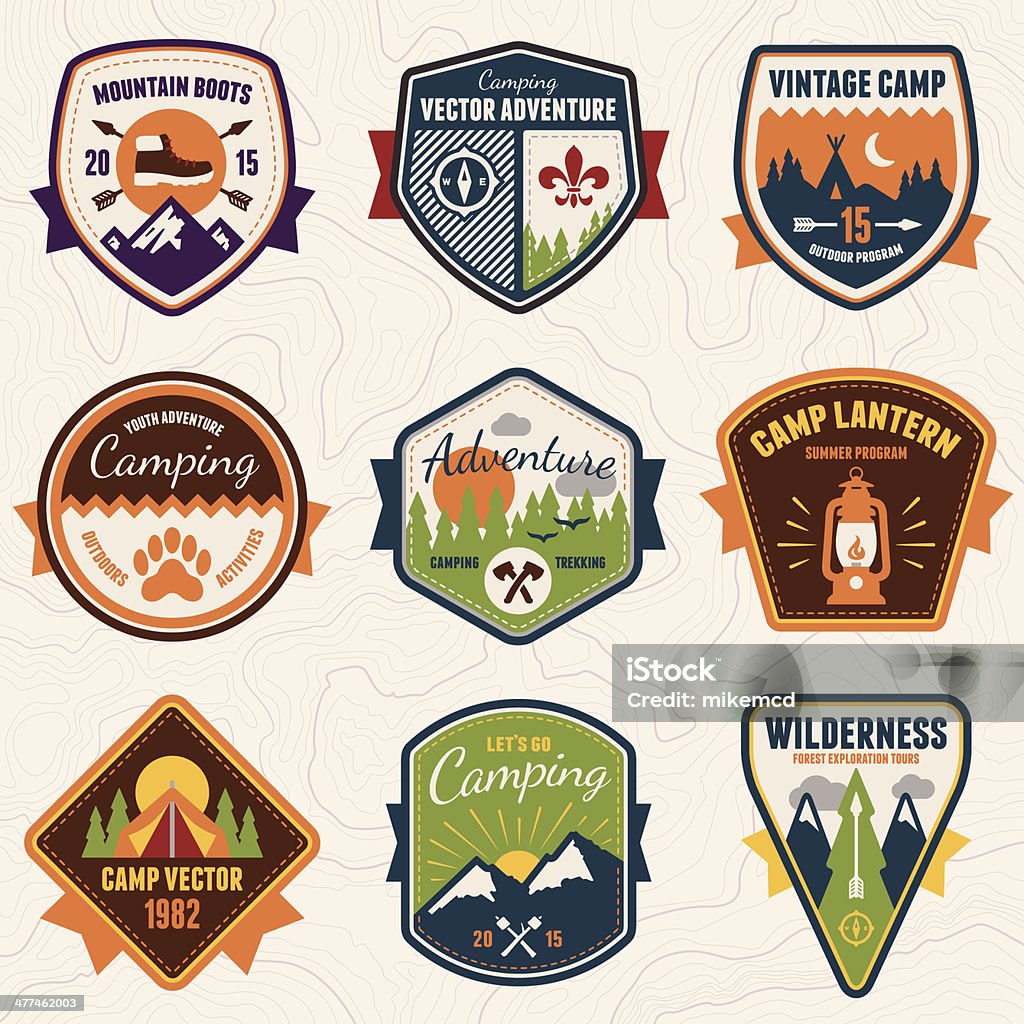 Vintage camping, wilderness and adventure badges Set of vintage summer camp badges and outdoors emblems. Badge stock vector