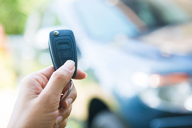 istock woman pressed on the remote to open the car 477463096