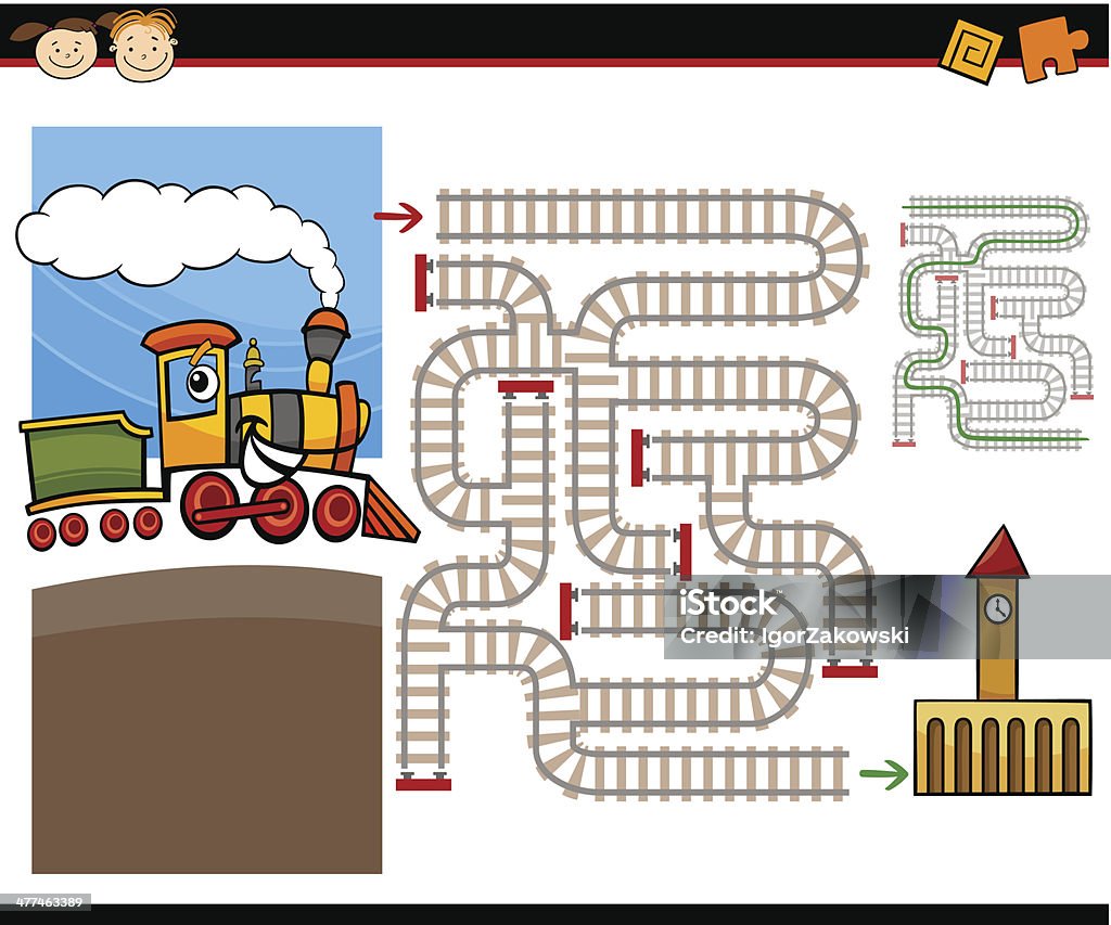 cartoon maze or labyrinth game Cartoon Illustration of Education Maze or Labyrinth Game for Preschool Children with Cute Steam Engine Train and Railways Maze stock vector