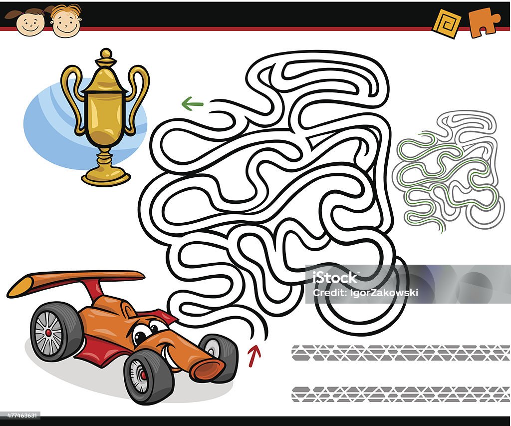 cartoon maze or labyrinth game Cartoon Illustration of Education Maze or Labyrinth Game for Preschool Children with Racing Car and Gold Cup Child stock vector