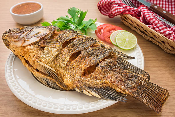 istock Fried fish on white plate and dip sauce 477463898