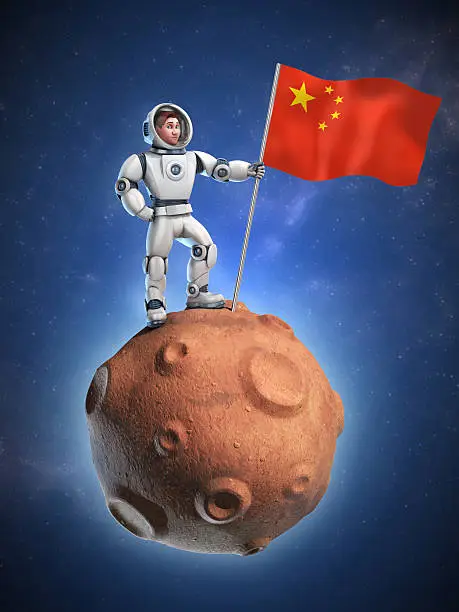 Photo of astronaut on meteor holding the Chinese flag