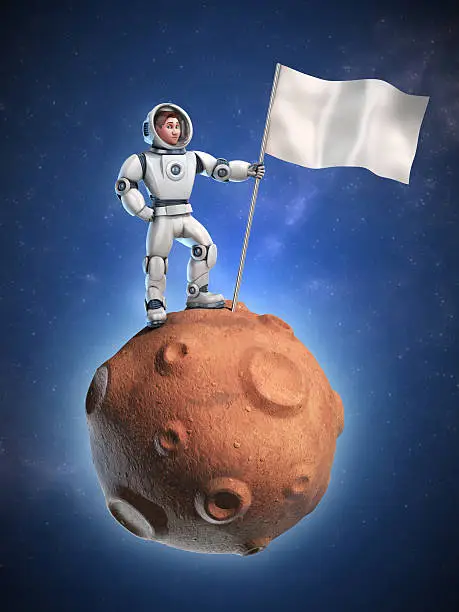 Photo of astronaut on meteor holding a blank flag