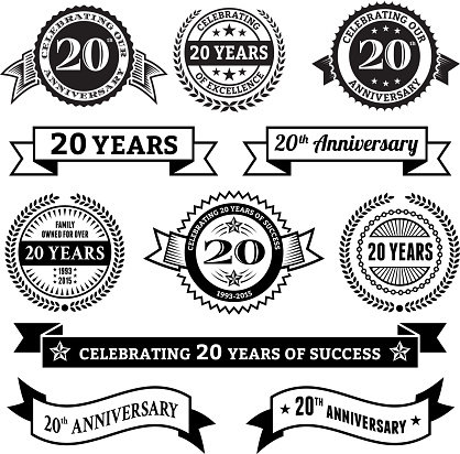 twenty year anniversary vector badge set royalty free vector background. This image depicts multiple anniversary announcement designs on simple white background. The anniversary announcements look authentic and elegant. There are several designs of bages and insignia elements as well as banner ribbons. The designs are black.