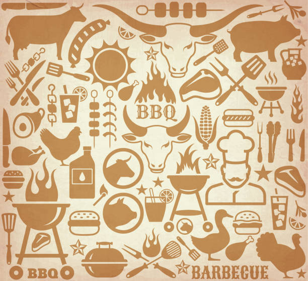 Icons with barbecue symbols on brown paper background. Icons with barbecue symbols on brown paper background. The barbecue illustrations are done in brown color on grunge beige paper background. Images included in the symbols includea grill,chef,  grilling tools like a spatula and spit,  a longhorn, barbecue grill, pig, a cow, and flames. The acronym "BBQ" and the work barbecue is also included. meat backgrounds stock illustrations
