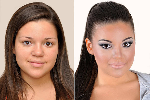 Teenage girl before and after applying make-up A set of two portraits of the same teenage girl, one before and the other after applying make-up teenage girl before and after make up stock pictures, royalty-free photos & images