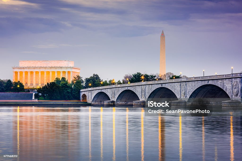 Washington DC Skyline Washington DC, USA skyline on the Potomac River with Lincoln Memorial, Washington Memorial, and Arlington Memorial Bridge. Washington DC Stock Photo