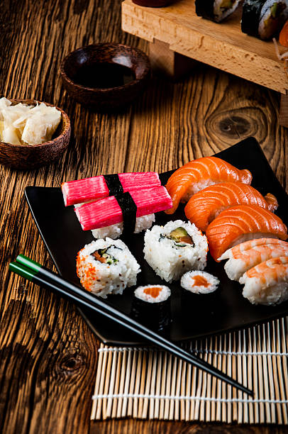 istock Colorful Japanese theme with sushi 477469933