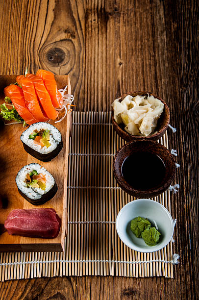 istock Japanese composition with sushi on the wooden table 477472787