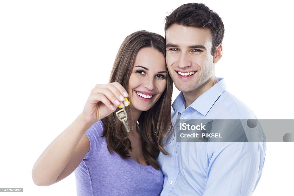 Neue home owners mit Schlüssel - Lizenzfrei Weißer Hintergrund Stock-Foto