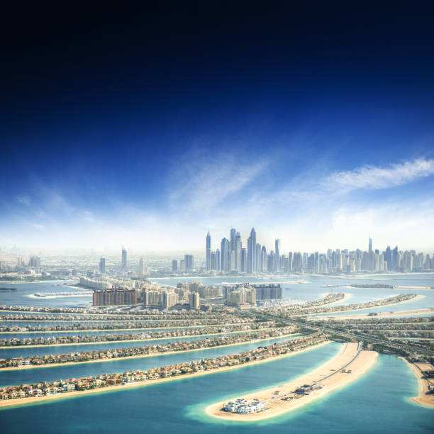 istock the palm jumeirah in Dubai with skyline 477474706