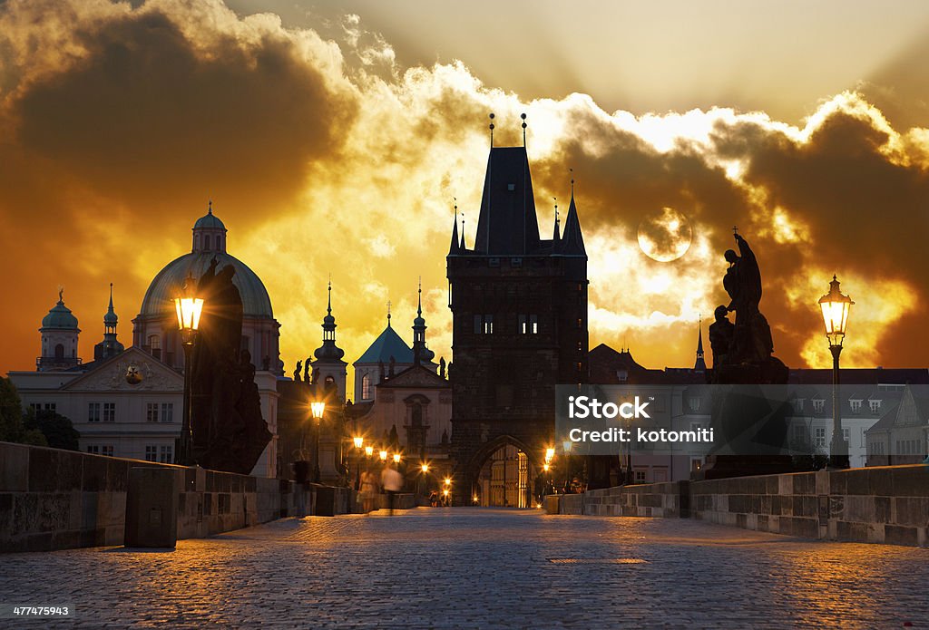 sunrise over Prague - look from Charles (Karluv) bridge Charles Bridge in Prague (Czech Republic) at dawn Architecture Stock Photo